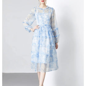 Spring Autumn New Long Sleeve Round Neck Waist Wrapped A-line Printed Chiffon Dress with Sashes Floor-Length Elegant Swing Dress