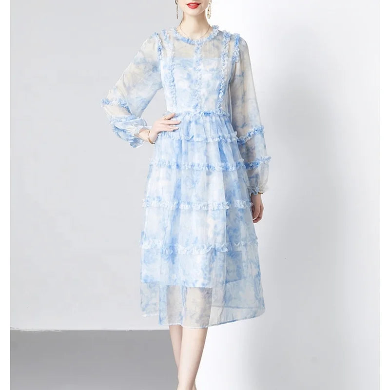 Spring Autumn New Long Sleeve Round Neck Waist Wrapped A-line Printed Chiffon Dress with Sashes Floor-Length Elegant Swing Dress