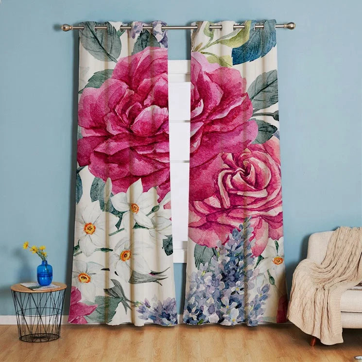Nordic Retro Style High-End Atmospheric Peony Rose Pink Floral Print Curtains Ready Made Pastoral Style Flower Curtains