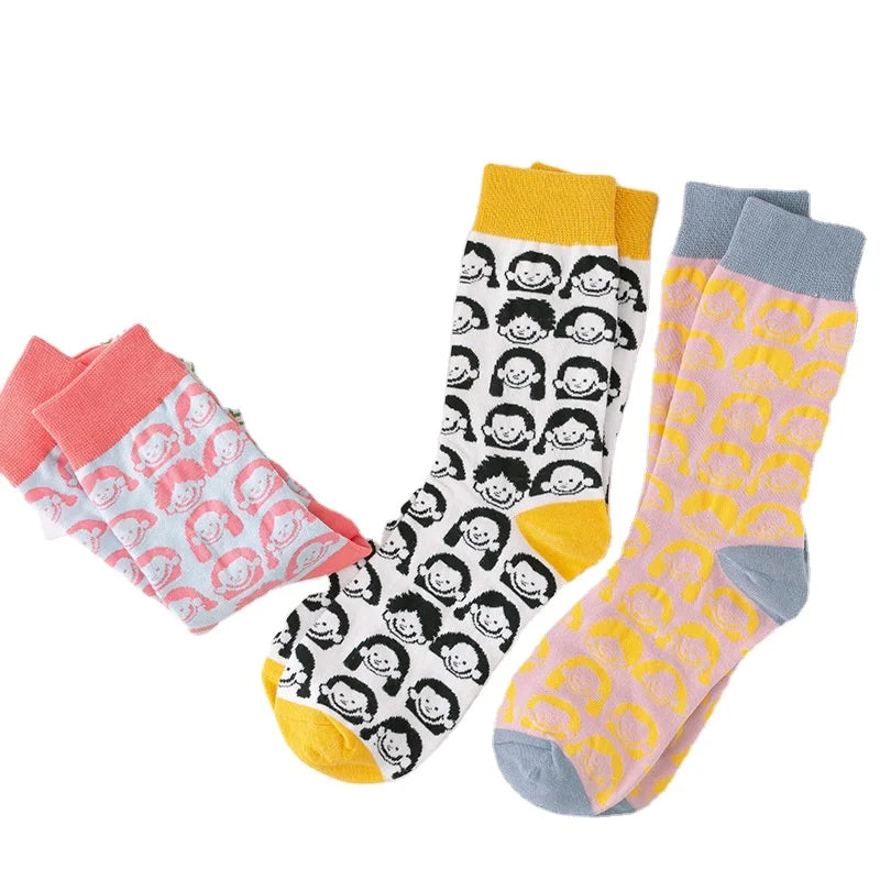 Cute Girls Printed Cotton Long Tube Socks Candy Colors Comfortable Crew with Customized Cartoon Logo Lovely School Style Women