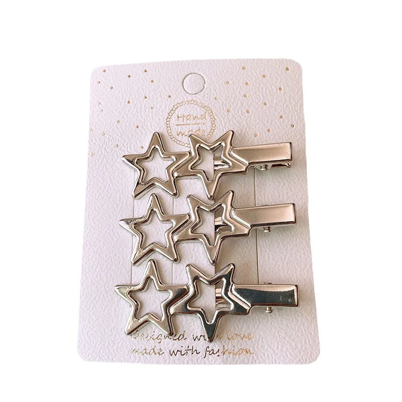 3pcs/Set Wholesale Custom Hollow Silver Geometric Star Hair Pins Ladies Metal Hair Clips Accessories for Girls