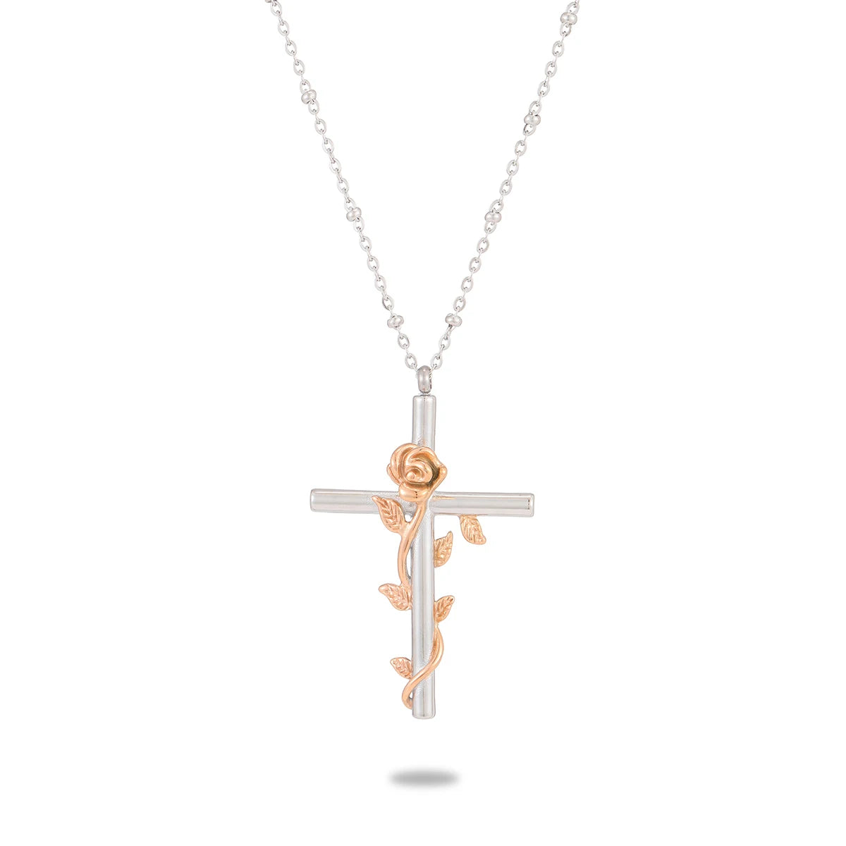 New Arrival Personalized Bi-Color Rose Flower Cross Pendant Necklace Fashionable 316L Stainless Steel Waterproof Jewelry