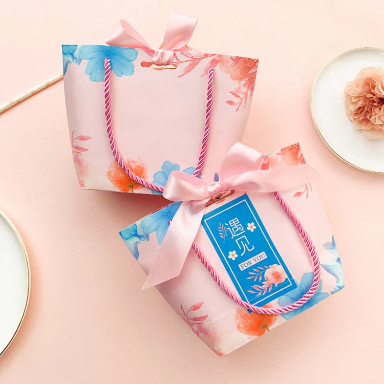 Custom logo Manufacturer Perfumes High Quality Retail Printed pink Small Gift Shopping Paper Bag with Ribbon