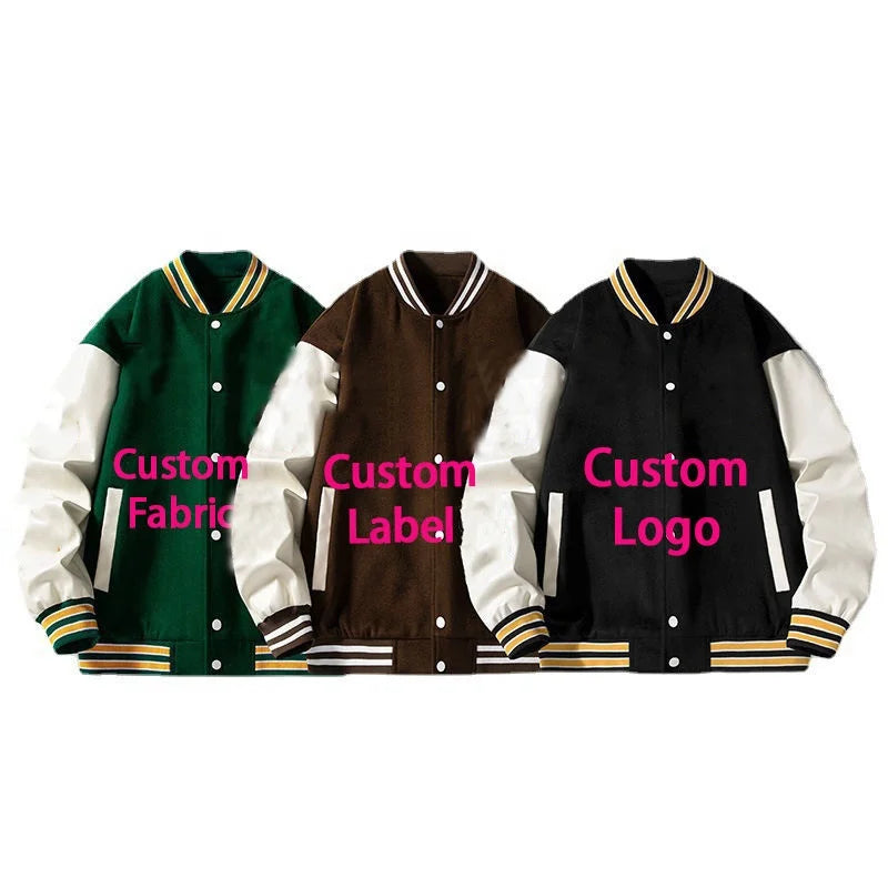 2023 Custom Logo Leather Sleeves Embroidery Black Couple College Baseball Men's Jacket Letterman Light Blue Varsity Jacket