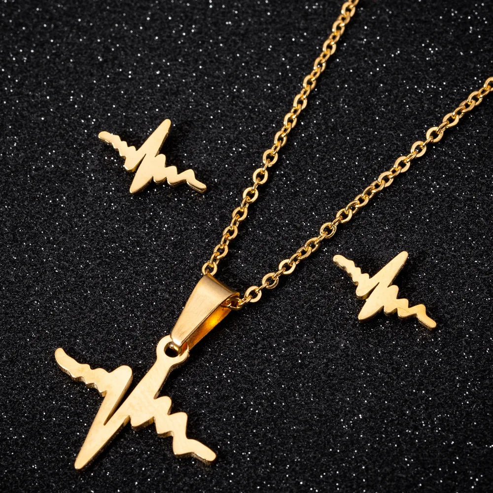 HOT SALE  ECG Pendant Necklace  Earrings Stainless Steel 18K Gold-plated Suit for Women