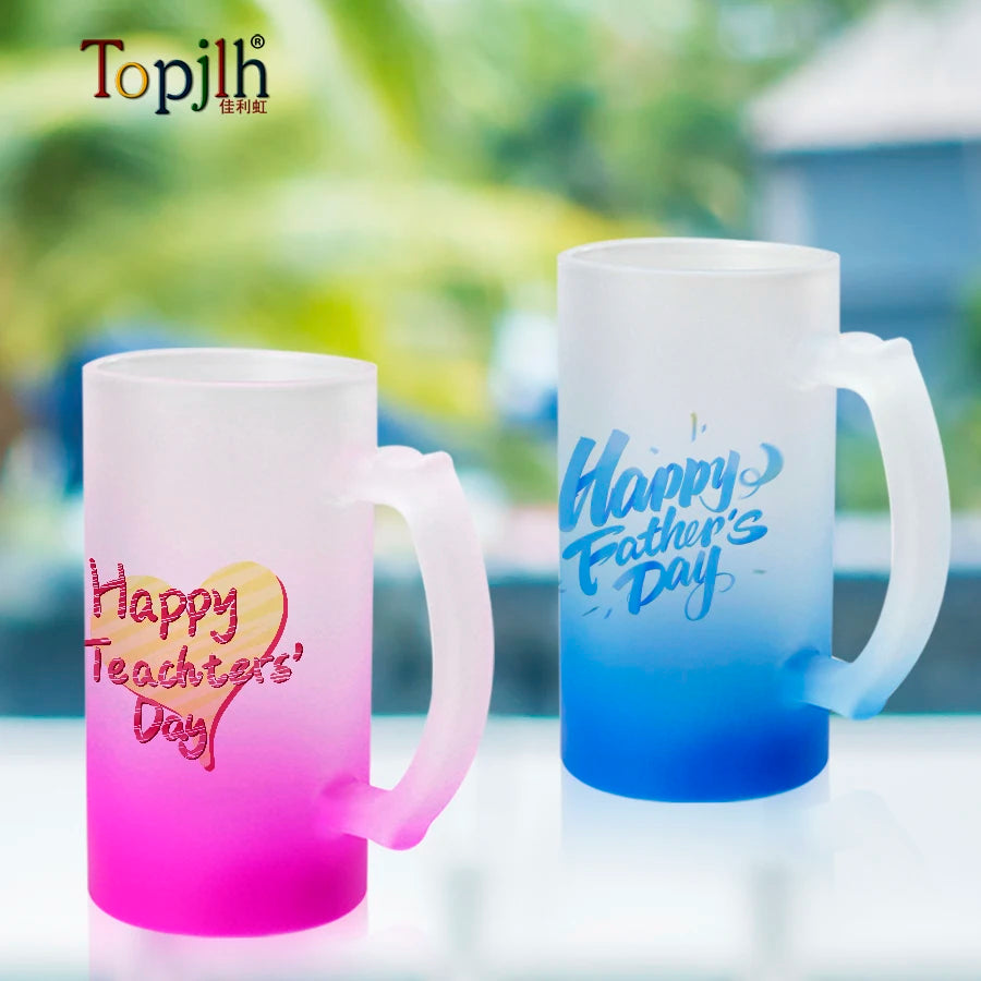 Topjlh Sublimation 16 oz Frosted Beer Glass Mugs with Handle Sublimation Blank Gradient Color for Party Occasions
