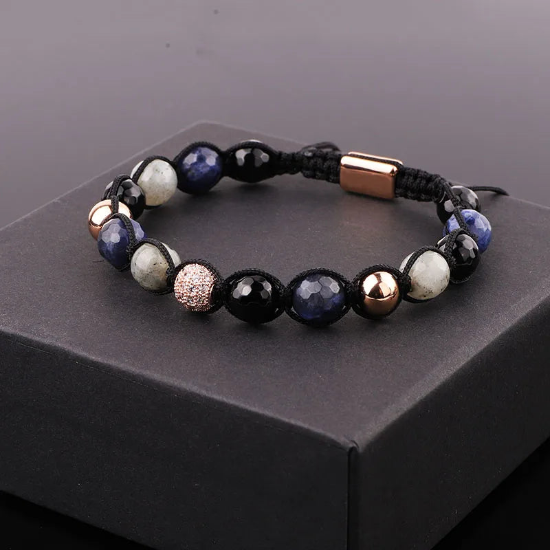 New Fashion Natural Gemstone CZ Pave Ball Woven Engraved Friendship Macrame Bracelet Women