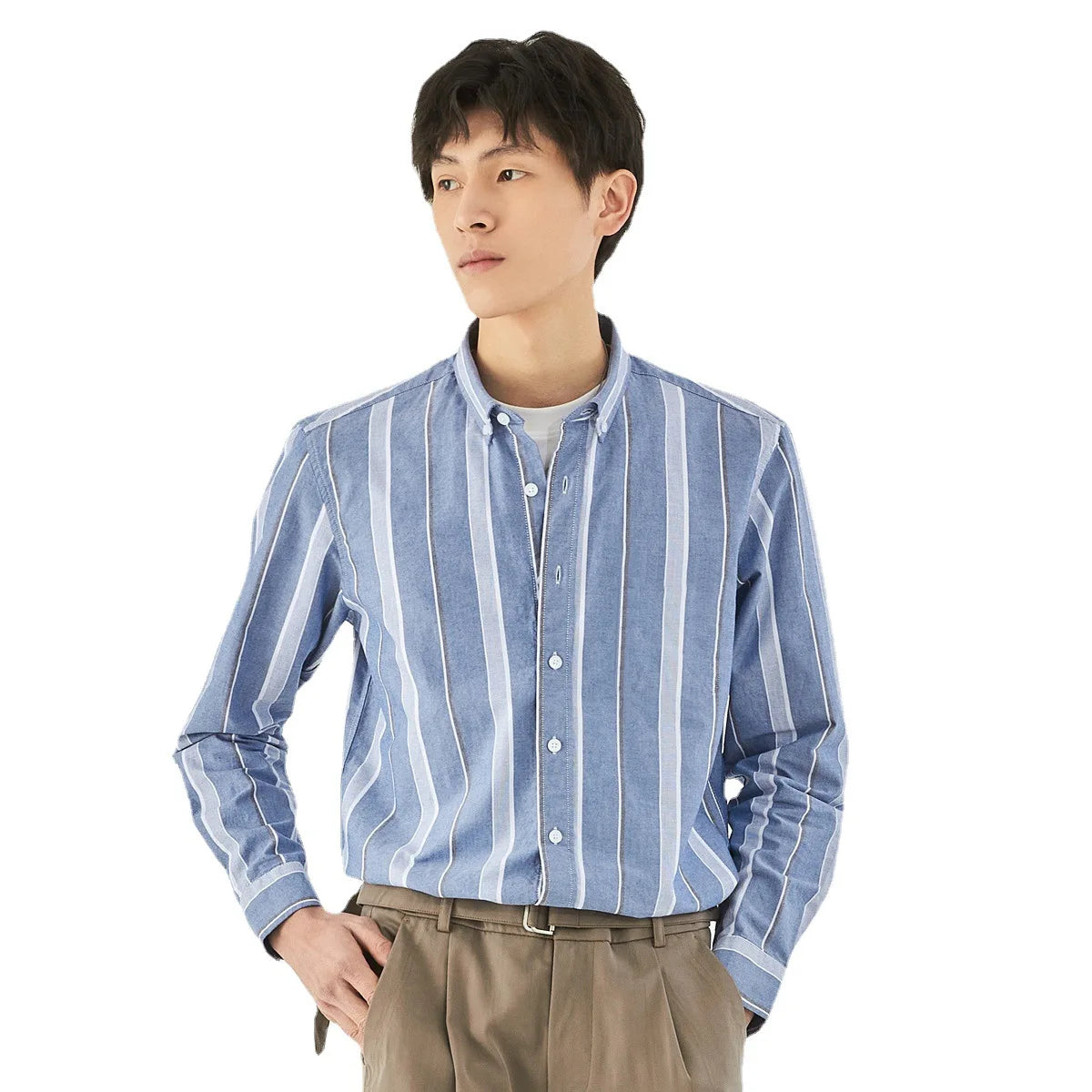 Lapel Collar Men's Striped Shirt Autumn 2021 New Color Matching Long-sleeved Casual Shirt