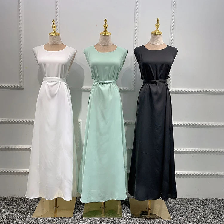 Wholesale Islamic Muslim Under Abaya Slip Dress Arab Dubai Solid Color Polyester Sleeveless Muslim Women Inner Dress for Abaya