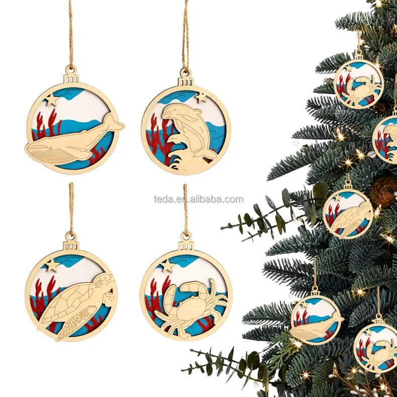 2026  New Sea Life Christmas Ornaments Custom Laser Cut Wood Sea Turtle Crab Wheale Signs for XAMS Tree Decoration