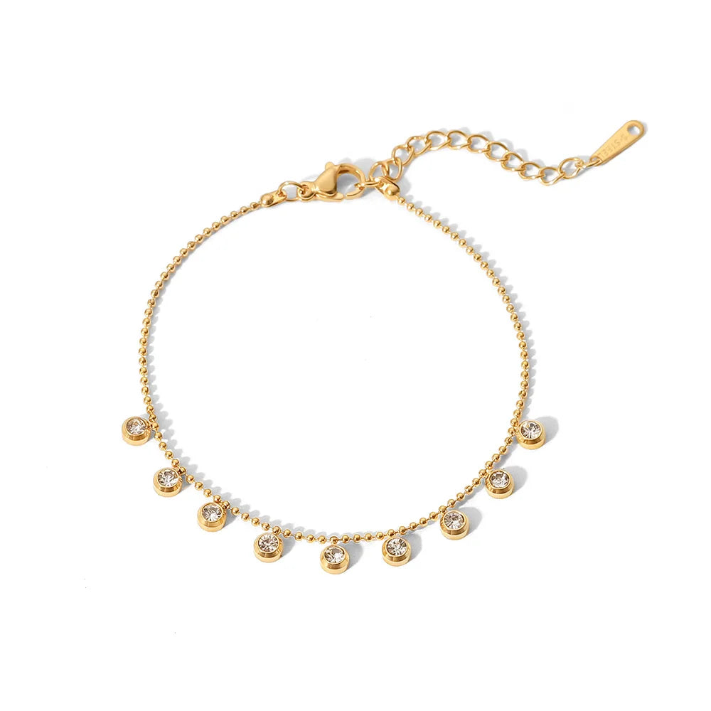18K Gold Plated Tassel Round Zircon Bracelet Stainless Steel Bead Chain Clear Cubic Zircons Bracelet Girl