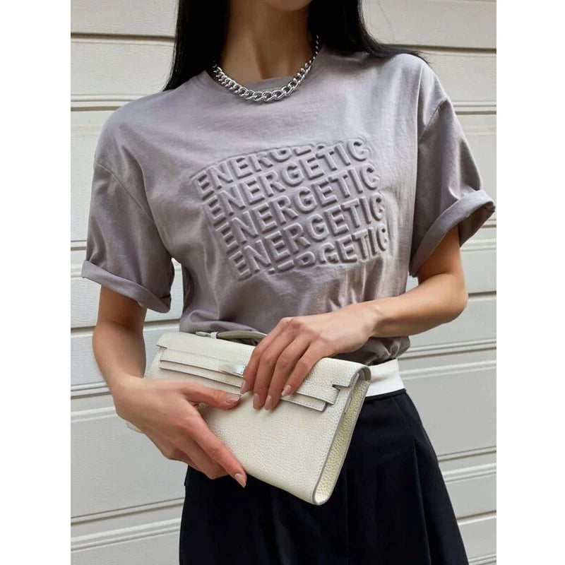 F230334 Clothing Manufacturers Custom Fashion Embossed Tee Cotton Women Cotton Plain Graphic T Shirts Custom Embossed T-Shirt