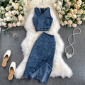 Boutique Wholesale 2026 Spring New Denim Tank Top Short Top High Waist Slim Heart Slim Split Skirt Women's Set