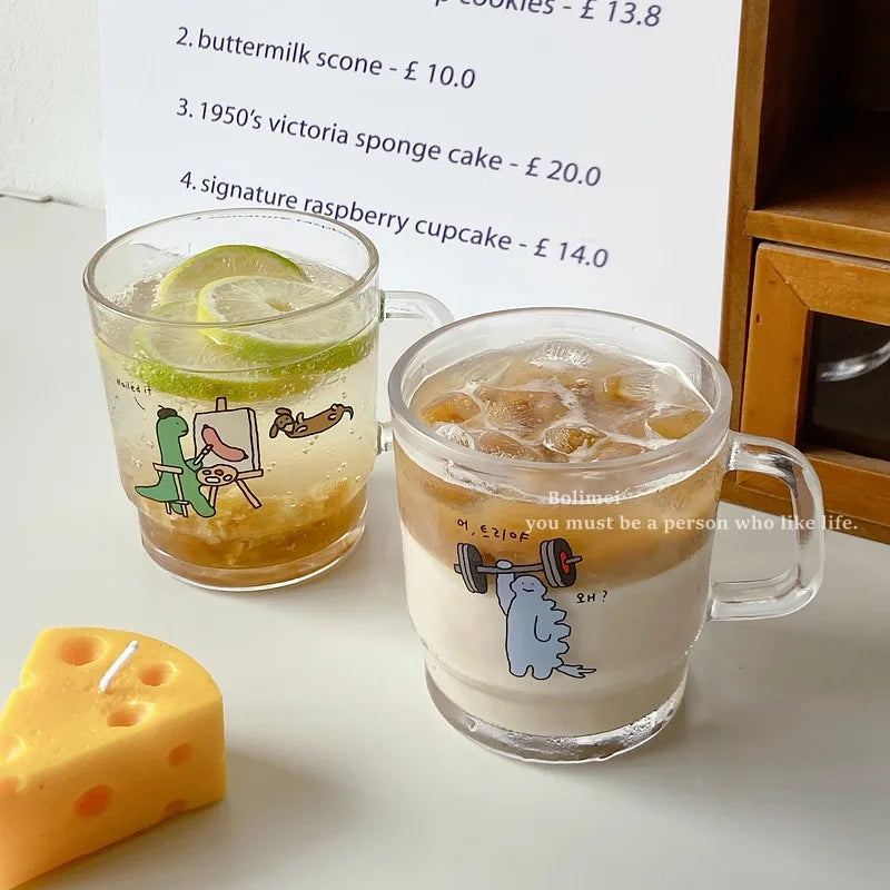 Ins Eco Cute Dinosaur Cartoon Milk Cup Kids Drinking Glass Cup with Handle