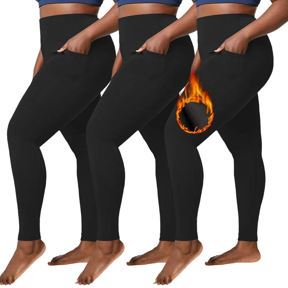 Custom Logo Fleece-Lined Plus Size Leggings with Pockets High Waist Thermal Yoga Pants for Winter Workouts Women Warm Exer