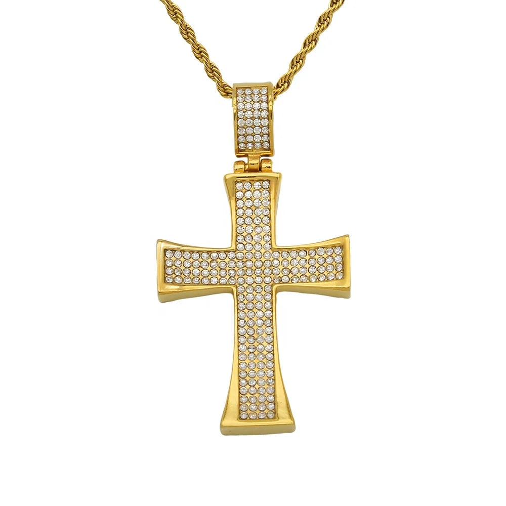 New Hip Hop Jewelry Stainless Steel Gold Plated Luxury Certified Third Party Crystal Rhinestone Ice Christian Pendant Necklace