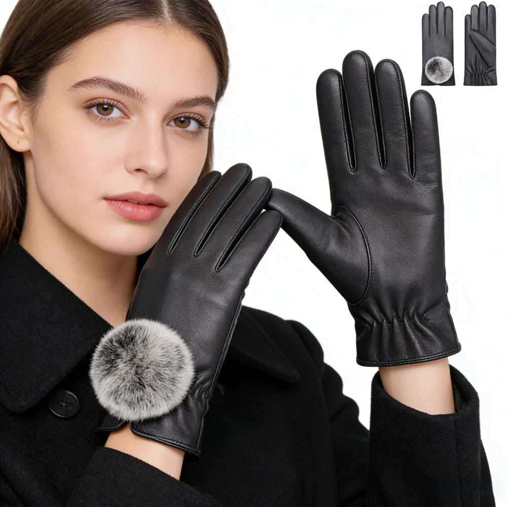 Fashion Winter Dress Touchscreen Running Rabbit Fur Ladies Fleece Faux Leather PU Gloves
