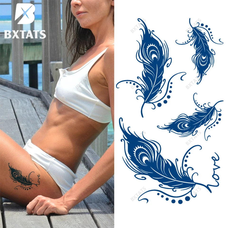 BXTAT Semi-Permanent Blue Genipa Juice Tattoos Beautiful Butterfly Rose Swallow Bracelet Feathers Totem Temporary