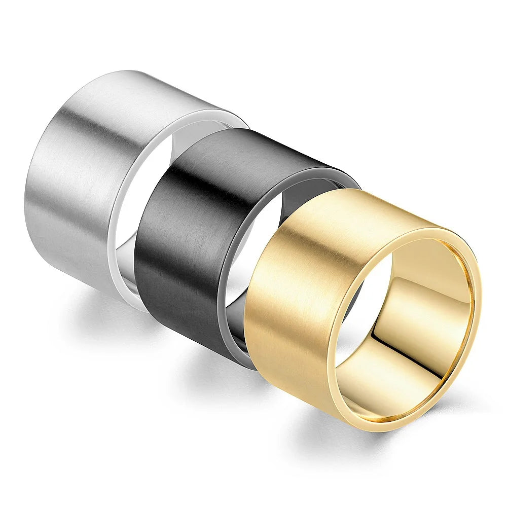 Simple and Fashionable 12mm Wide Stainless Steel Ring Gold Plated Men's Casual Business Accessory Trendy Style-Wholesale
