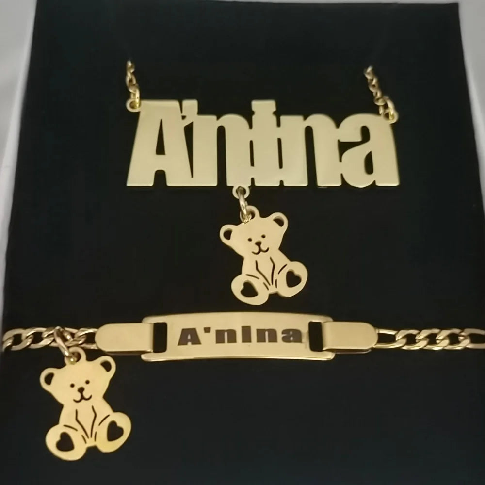 Qiuhan Stainless Steel Odm Personalized Custom Name Necklace Engraved Bracelet Bear Charms Jewelry Gift for Kids