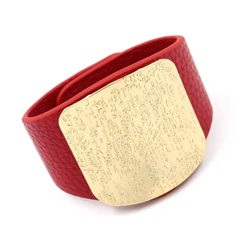 Exaggerated Jewelry Silver Alloy Metal Imitate Leather Wide Bangle Bracelet for Women