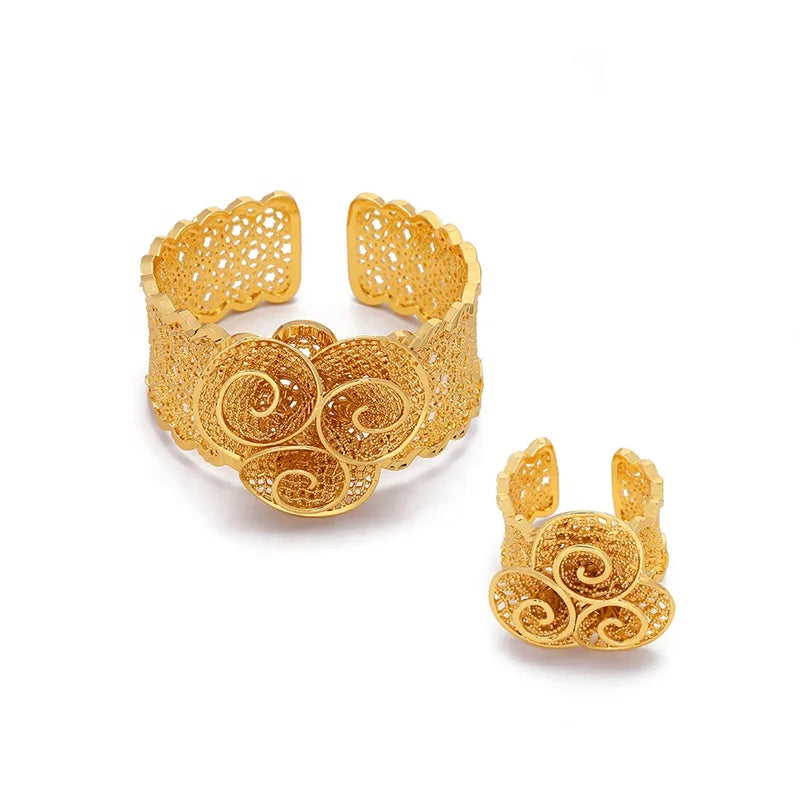 JXX Hot Sale 24K Gold Plated Hollow Out Bangle Bracelet With Ring Set Jewelry Bridal Bangles 'Jewelry' Set Indian Wedding Luxury
