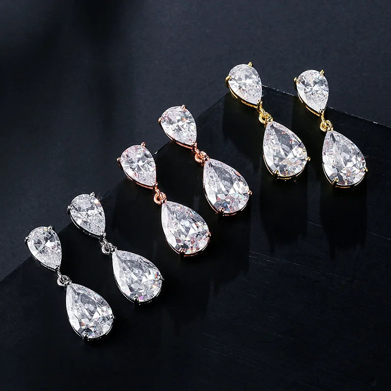 ROMANTIC Luxury CZ Bridal Earring Cubic Zircon Water Drop Wedding Stud Earrings