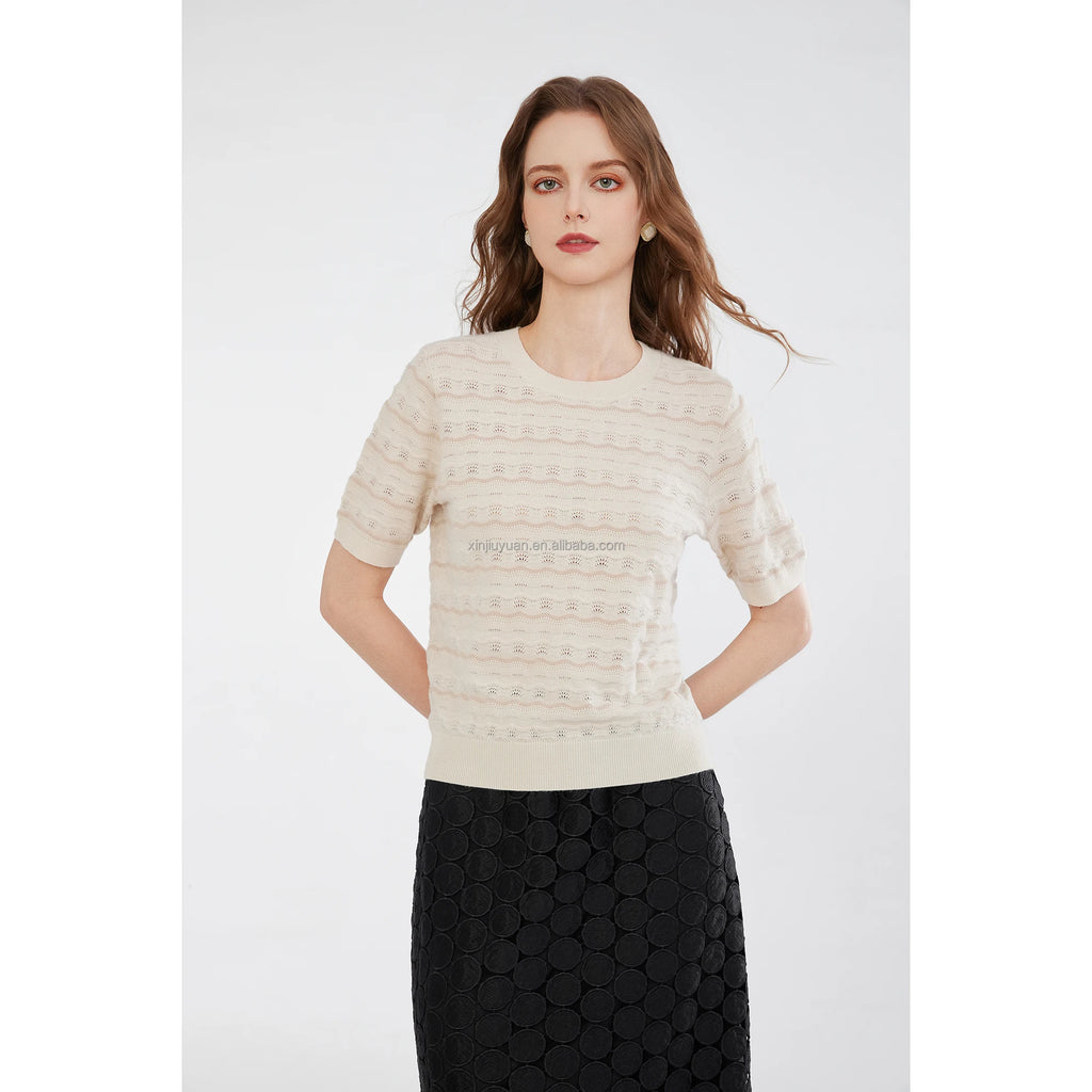 12GG Core Spun Yarn Knitted Sweater Women Short Sleeve Textured Pointelle Jumper French Chic Elegant Top Blank Apparel Jumper