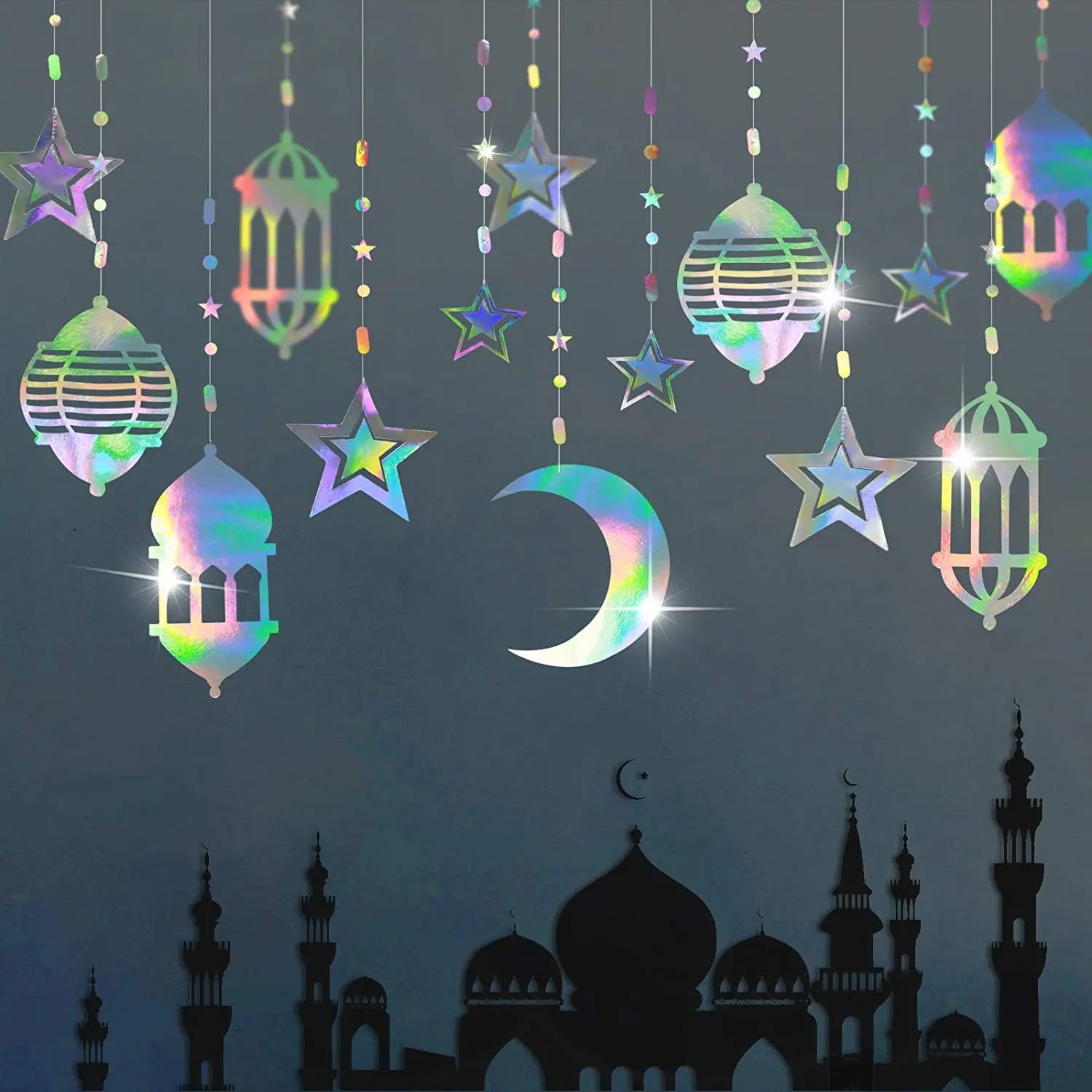 Nicro 6pcs Gold Star Moon Lantern Shape Garland Ramadan Kareem Decoration Muslim Happy Eid Mubarak Party Hanging Swirls Backdrop