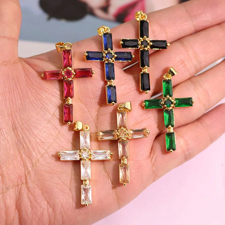 CZ8727 New 18k Gold Plated Cubic Zircobia Diamond Crystal CZ Baguette Cross Pendants Religious Jewelry Supplies