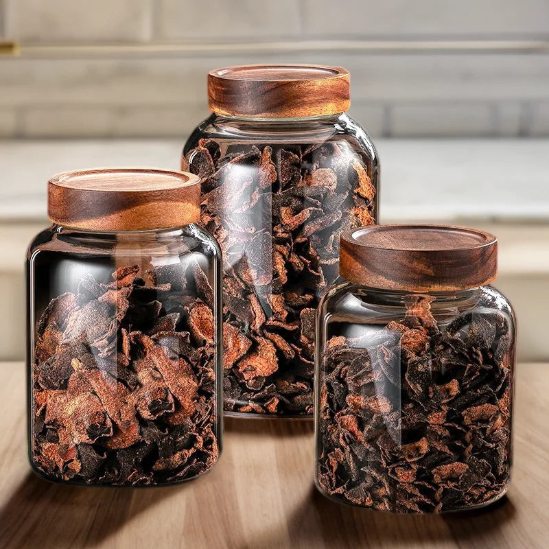 Large Glass sealed Jar Screw Wooden Lid Round High Borosilicate Storage Bottles & Jars Food Airtight Spiral Acacia Lid