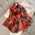 New Styles Maple Leaf Imitation Silk Sunscreen Scarf Beach Shawls 130*190cm Large Flower Pattern Silk Gauze Wrap Scarf for Women