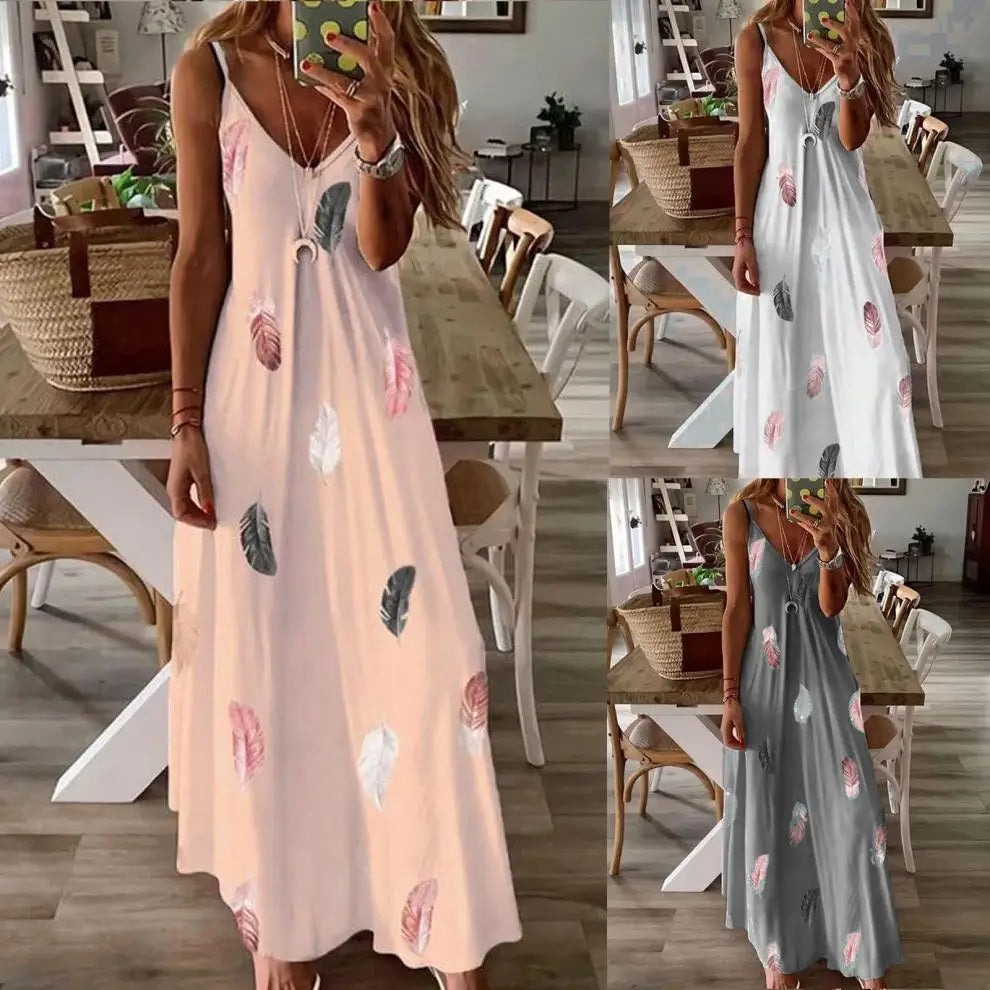 Summer New Women's Loose Sleeveless Feather Print V-Neck Strap Swing Dress