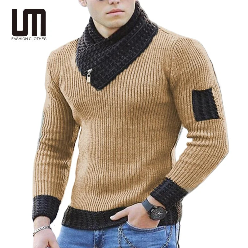 Cheap New Design Autumn Men s Casual Patchwork Color Knitted High Neck Long Sleeve Sweaters