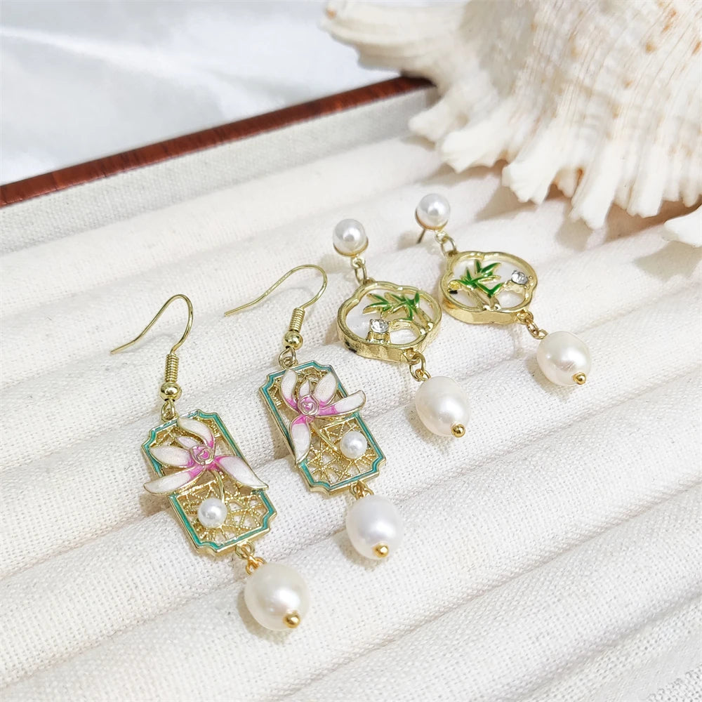 New Arrivals Chinese Style Vintage Magnolia Flower Leaves Pendant Long Tassel Earrings with Natural Freshwater Pearl for Women