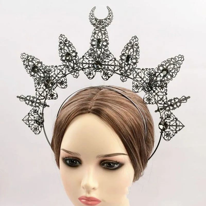 Customize Lolita Black Devil Goddess Sun Halo Crown Headband Gothic Vintage Mary Baroque Tiara