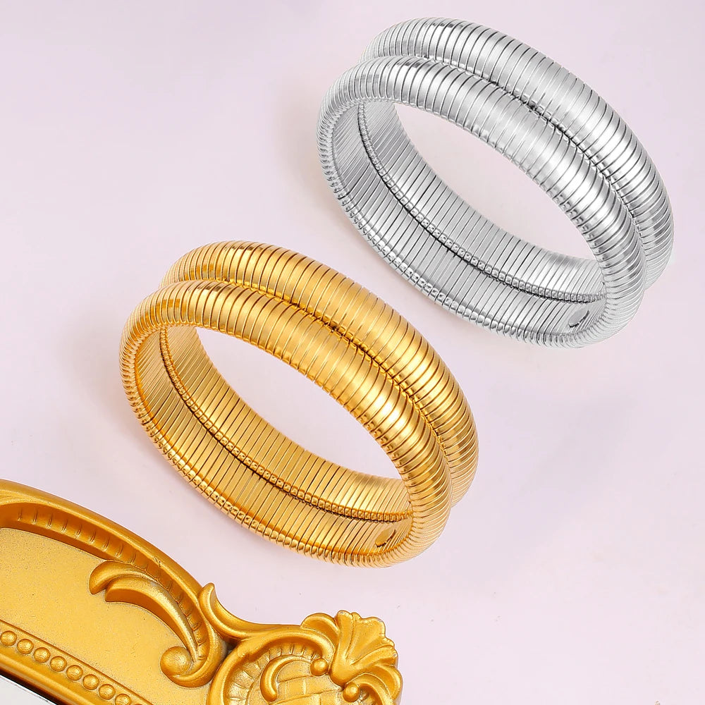 Exaggerated 24mm Wide Chunky Layered Stainless Steel Bangle Bracelet Premium Textured Gold Silver Color Wrist Jewelry
