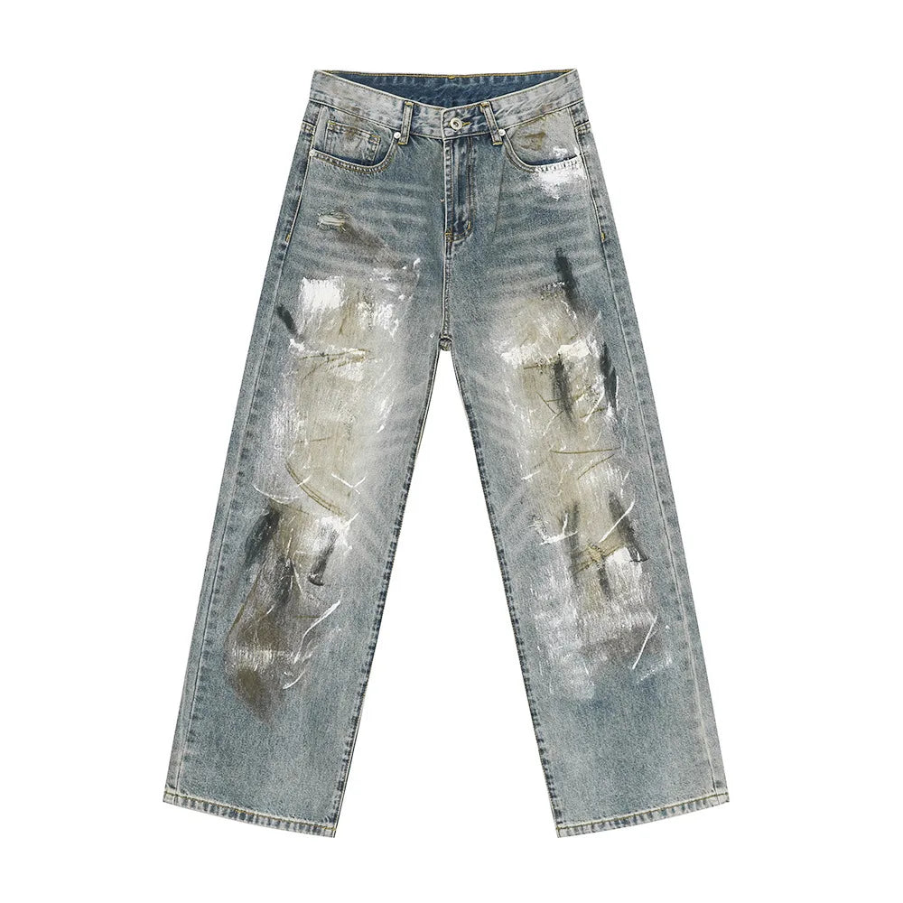 2025 Quality Men's Straight Jeans Fashion Dirty Denim Jeans Blue Mud Wash Jeans