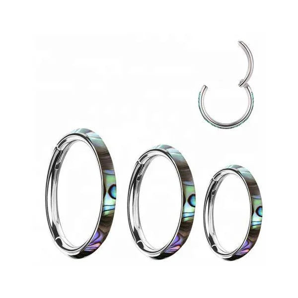 G23 Titanium Seamless Abalone Shell Inlay Hinged Clicker Ring for Wedding or Engagement Orthodox Religious for Children