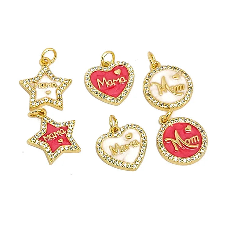 CZ8396 18k Gold Silver Plated CZ Diamond Pave Enamel Red White Heart Mom Star Charms Pendant