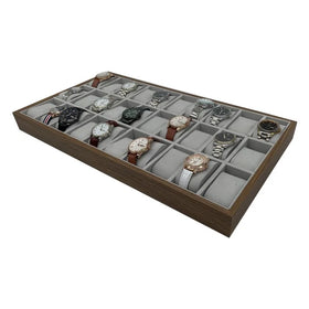 Popular Dark Color Wood Leather Velvet 30 Slots Watch Bracelets Display Service Tray Exhibition