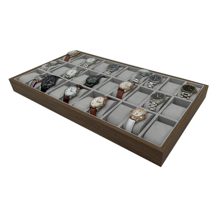 Popular Dark Color Wood Leather Velvet 30 Slots Watch Bracelets Display Service Tray Exhibition