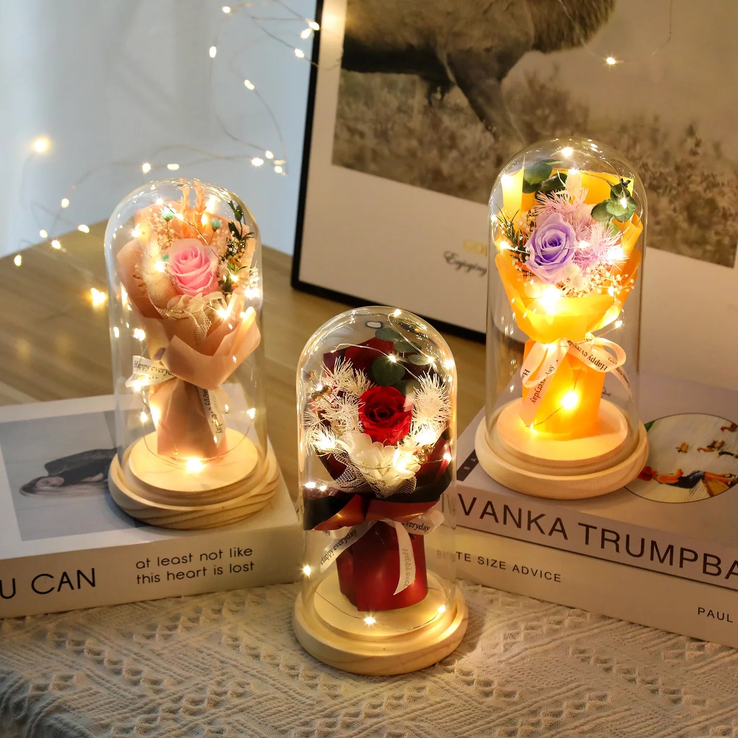 Popular Preserved Flowers Bouquets in Glass Eternal Roses in Glass with Led Lights Gifts Boxes