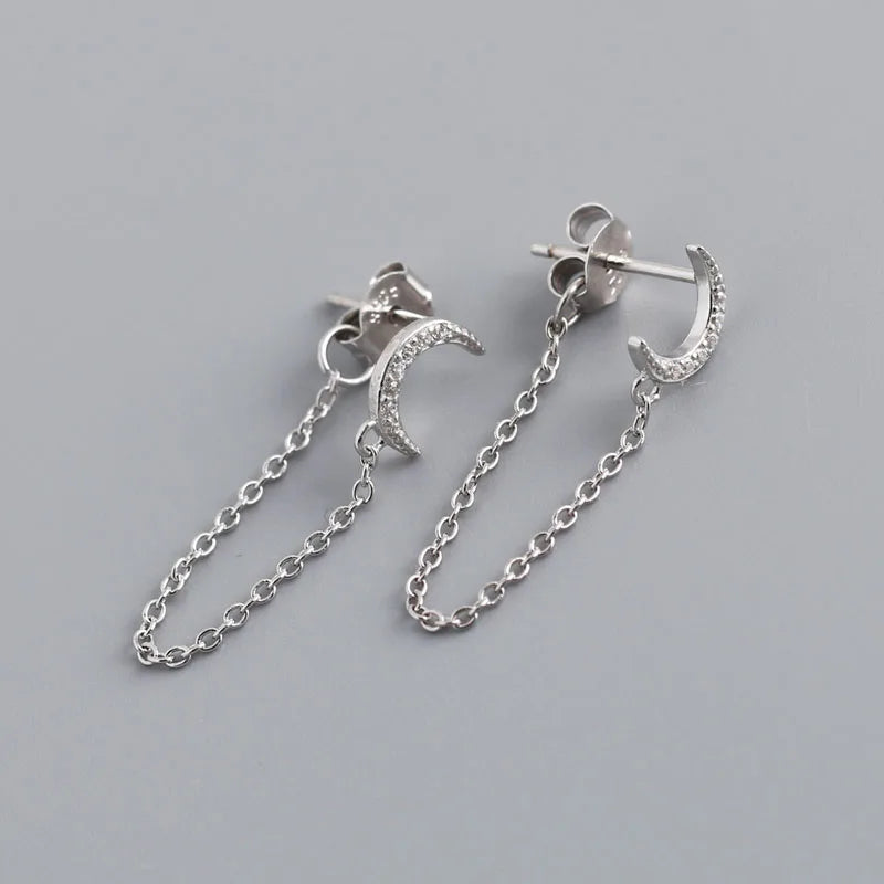 925 Sterling Silver Simple Tassel Chain Cubic Zircon Moon Shape Stud Earrings Women Fine Jewelry Gifts