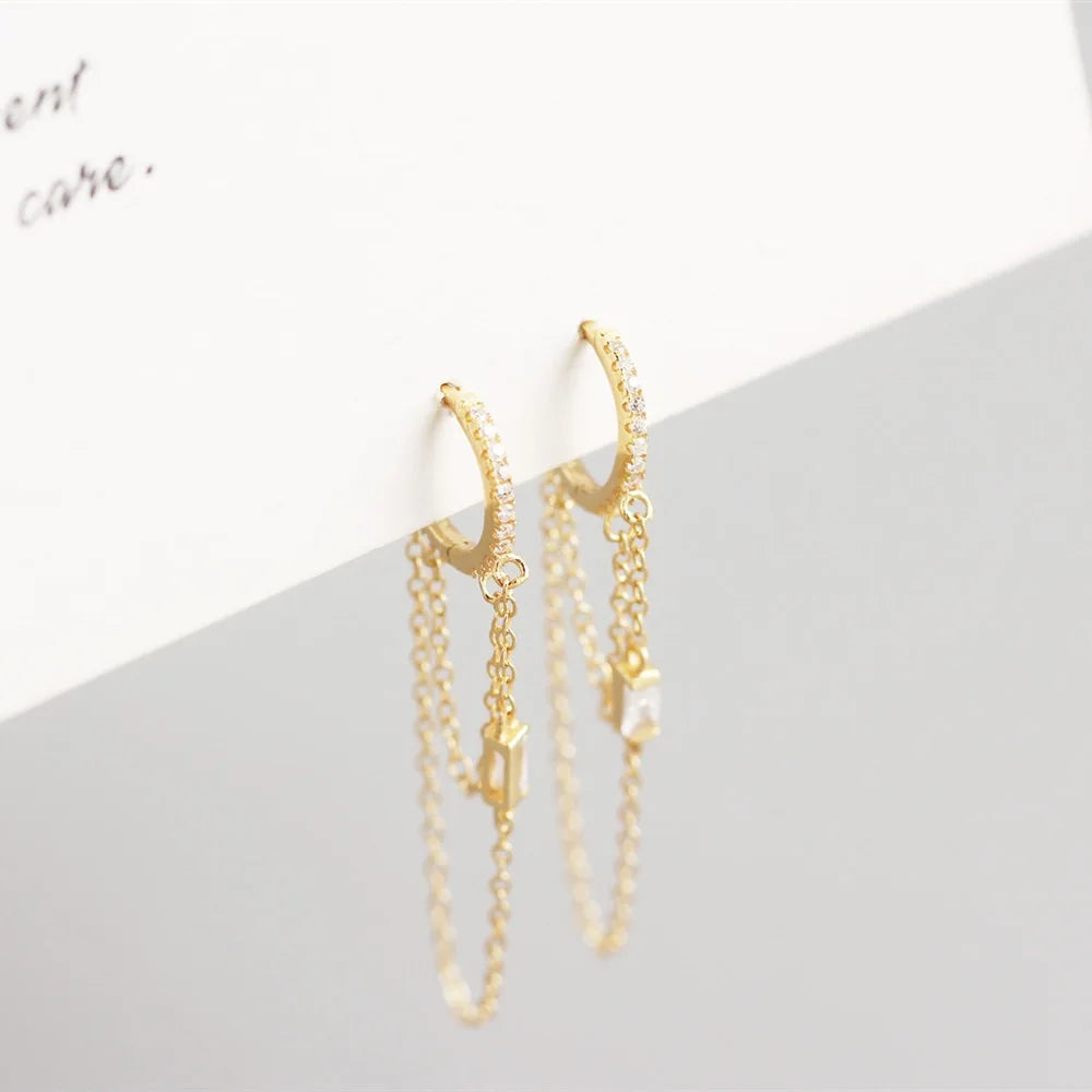 2022 NEW 925 Sterling Silver Long Chain Tassel Earrings with Cubic Zirconia Hoop Earrings MegaBDM