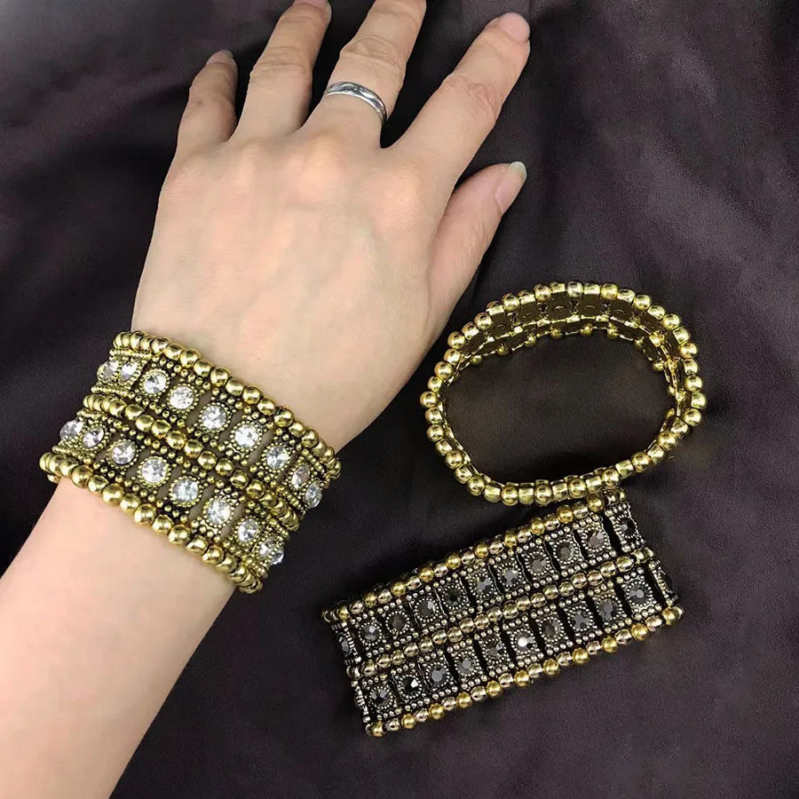 Traditional Fashion Womens 2 Layers Ballroom Rhinestone Beads Multilayer Wide Elastic Stretch Cuff Bracelet Bangles Dames