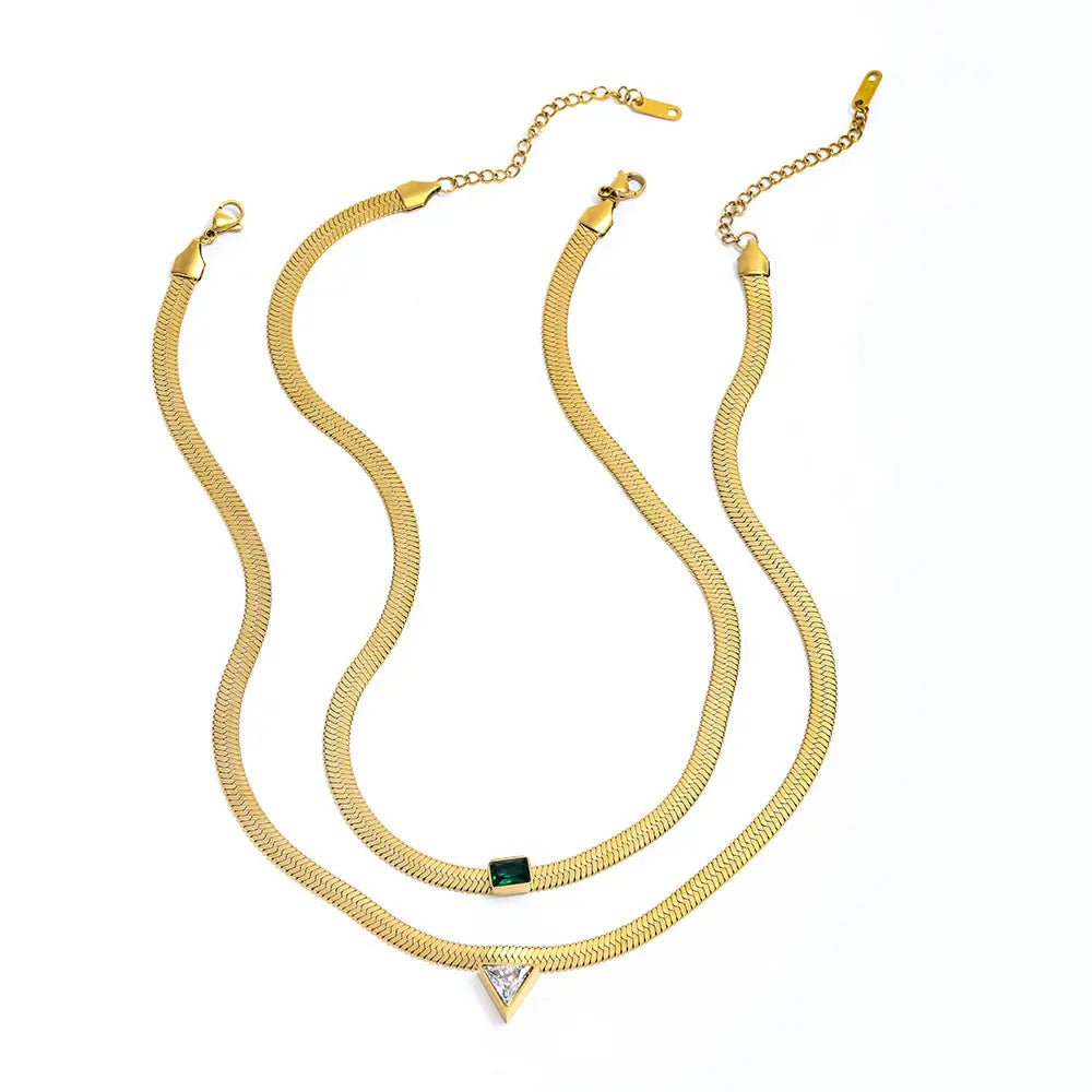 Fenny 18K Gold Plated Wholesale Dainty Trend Green Zirconia Herringbone Band Choker Chain Stainless Steel Necklace for Women
