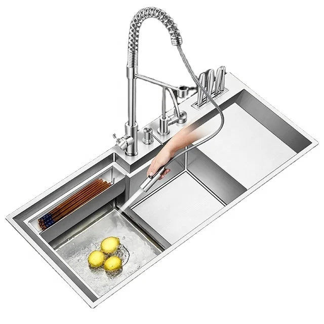 Nillos N11850 304 Stainless Steel Handmade Modern Square Kitchen Sink Fine Brushed Triple Stepped Design Drainer Kitchen Tap