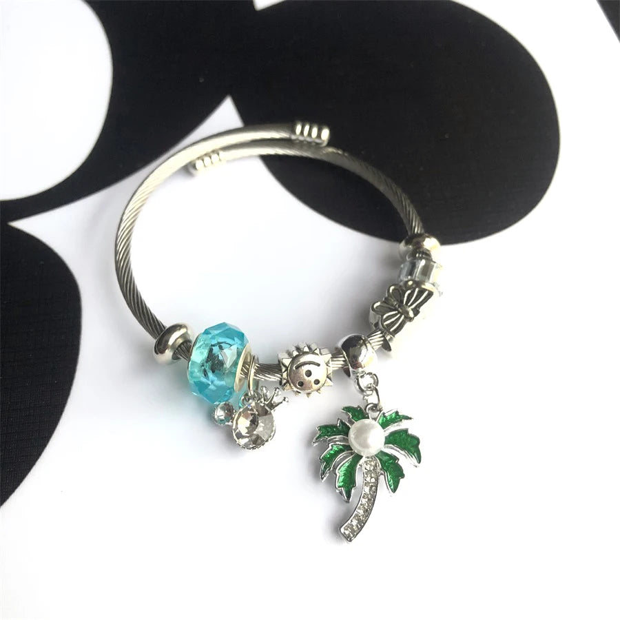 Luxury Charm Beads Stainless Steel  Bangle Apply Tree Snow Flowers Pendant Charm Women Bracelets