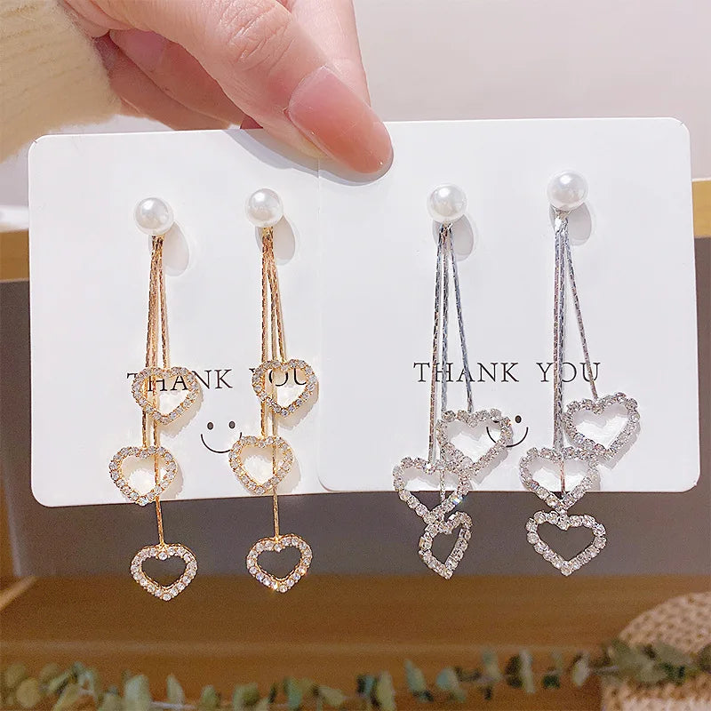 925 Silver Needle Earrings Women Fashion Long Diamond Love Heart Tassel Earrings Same Style Heart Shaped Pearl Earrings